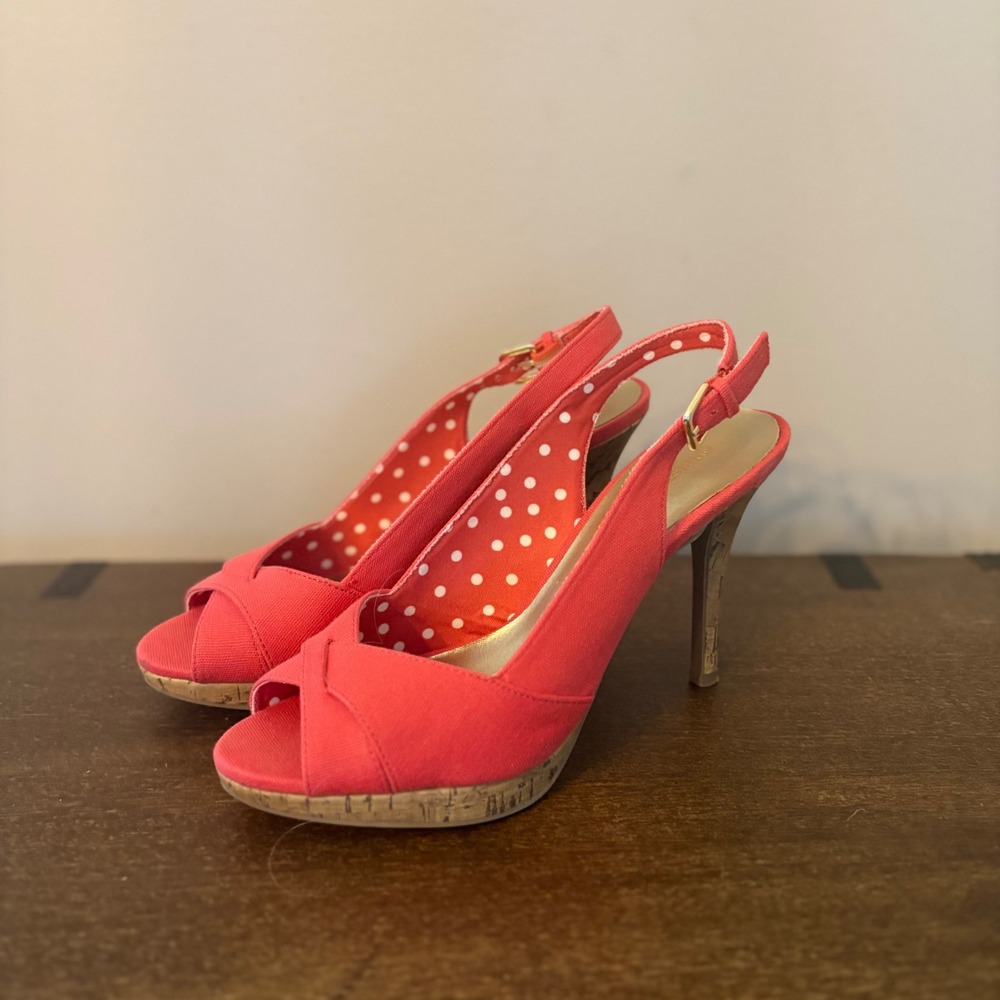Christian Siriano Letoile Coral Pink Slingback Peep Toe Cork Heels 131296 Size 8